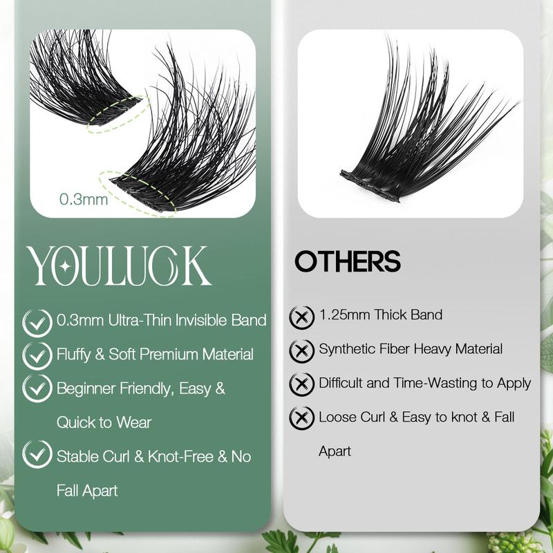 YOULUCK Moonlight DIY Lash Clusters Individual Lash Extensions Fluffy Waterproof Long-Lasting Lashes with Ultra-Thin Invisible Band Bond & Remover Lightweight 5D Handmade Quality