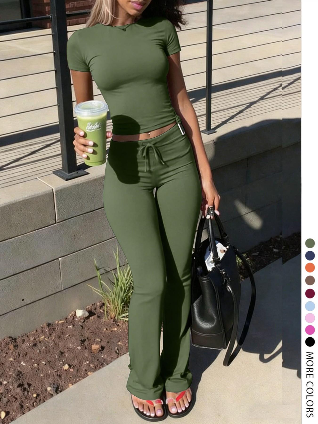 LovelyWholesale - US Women's Fashion Casual Solid Color Round Neck Short Sleeve T-Shirt Top and Drawstring Pants Two-Piece Set, Spring and Summer Clothing