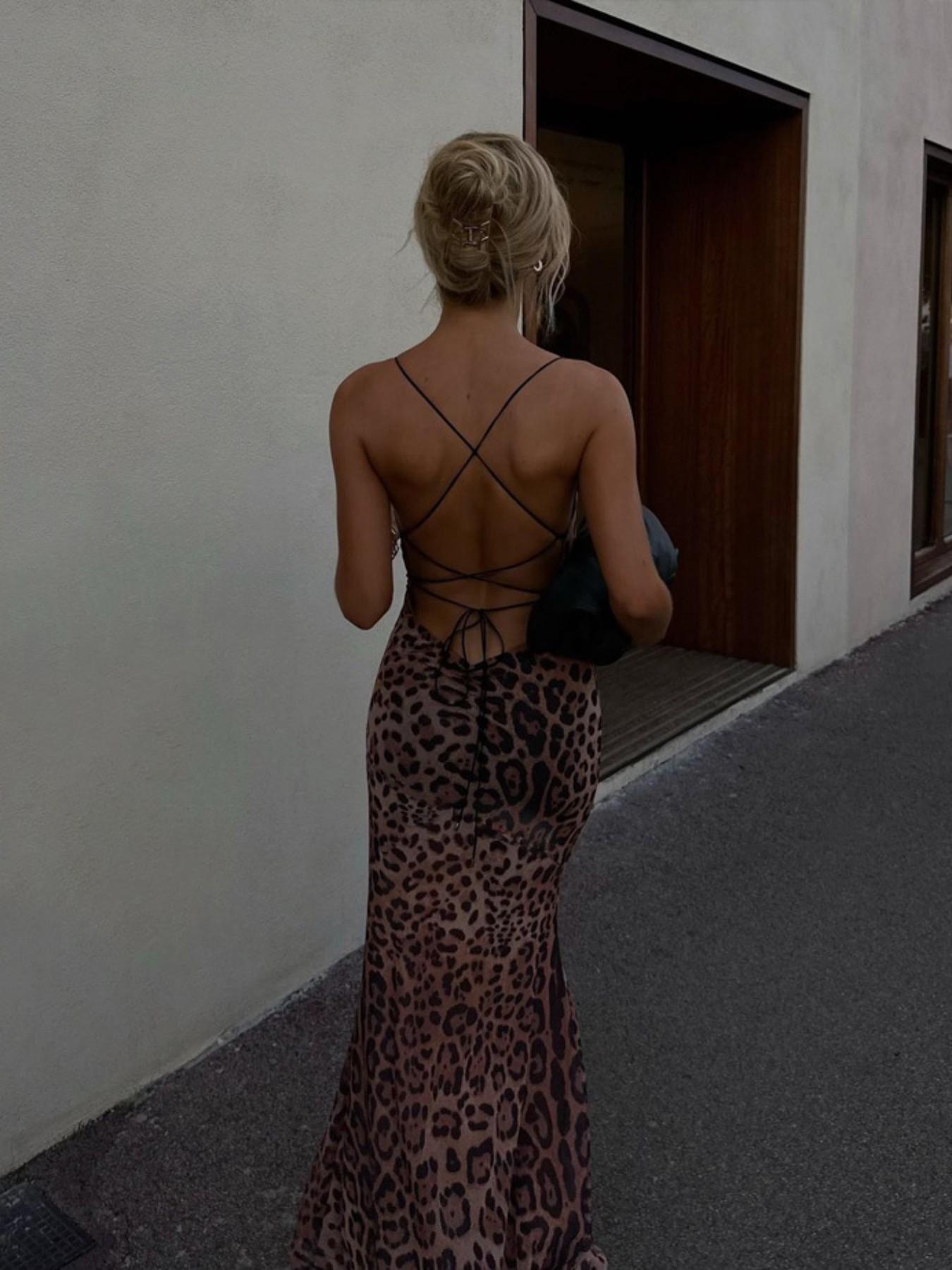 Vintage Leopard Print Backless Cross-Strap Bodycon Fish Tail Dress, Sexy Sleeveless Long Evening Party Dress, Slim-Fitting Style