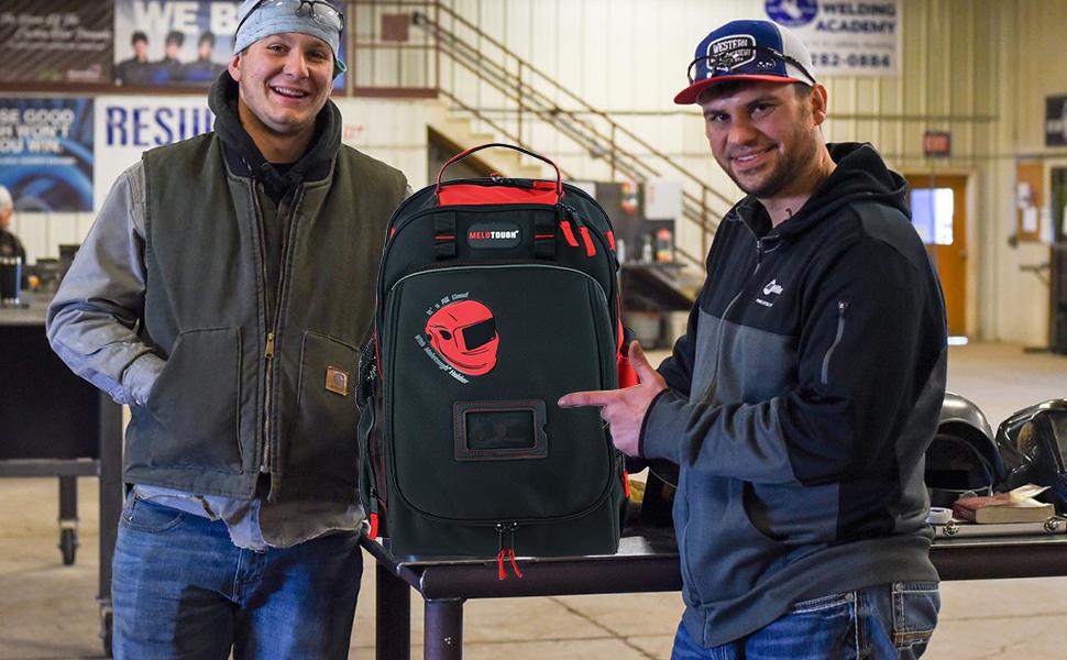 MELOTOUGH Welding Tool backpack Extreme Gear Pack with Large Capacity Helmet Holder Luggage Storage Bag(Red） multi-functional tool hammer holder