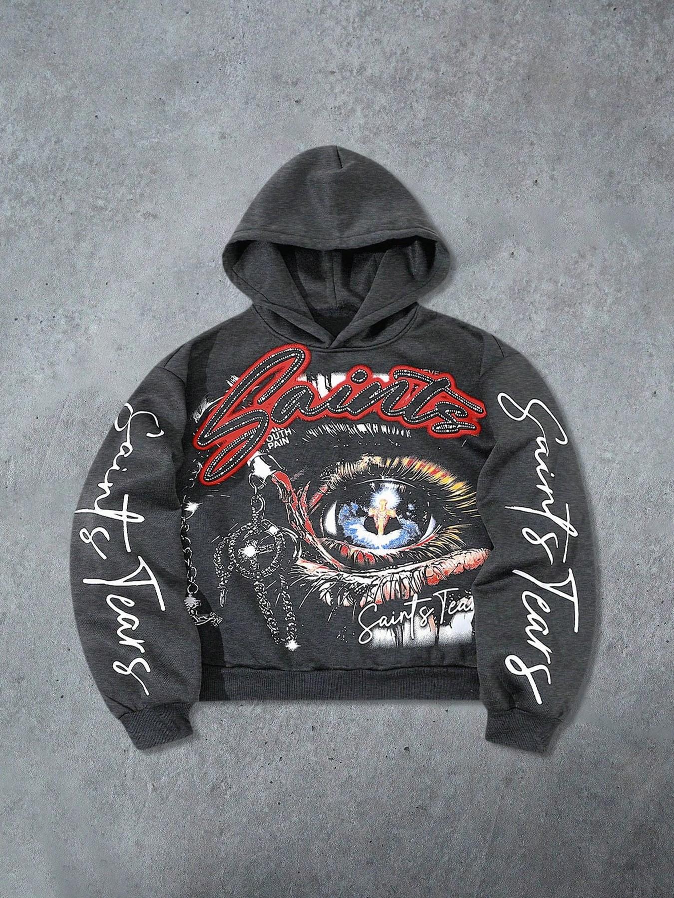 Men's Hooded Sweatshirt Autumn Winter Street Style American Fashion Eye Element English Pattern Print Short Hoodie Casual Streetwear Sweatshirt