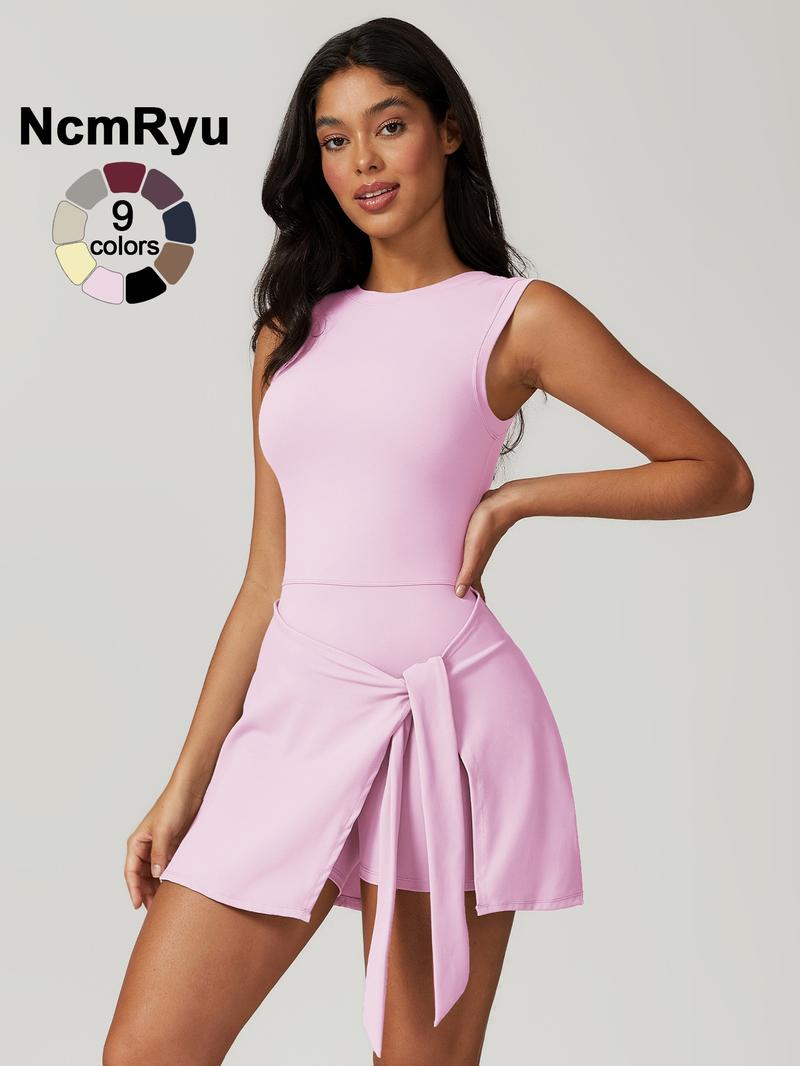 Women's sleeveless plain weave mid stretch flat shoulder beautiful back split strap integrated yoga skirt pants  outdoor sports hiking tennis cycling Pilates jumpsuit  summer new comfortable lace up jumpsuit pants Fitness Sport Outfits