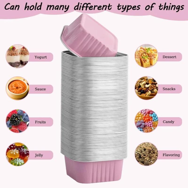 30 Pcs 5 oz Pink Mini Disposable Cake Plates, Foil Square Baking Cups with Lids,Muffin Plates, 3.5x3.5 Small Baking Cake Plates, Cupcake Containers, Suitable for Single Cakes, Mini Muffin Plates