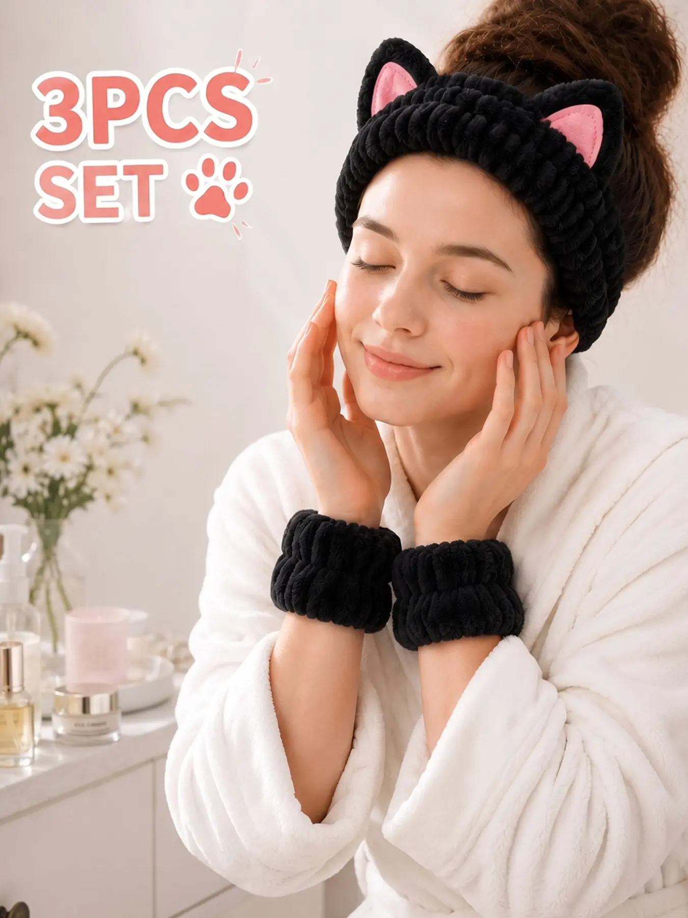 3-Piece Cute Cat Hairband and Wristband Set, High Elasticity Absorbent Hairbands for Bathing, Makeup, Dorm Use, Perfect Gift