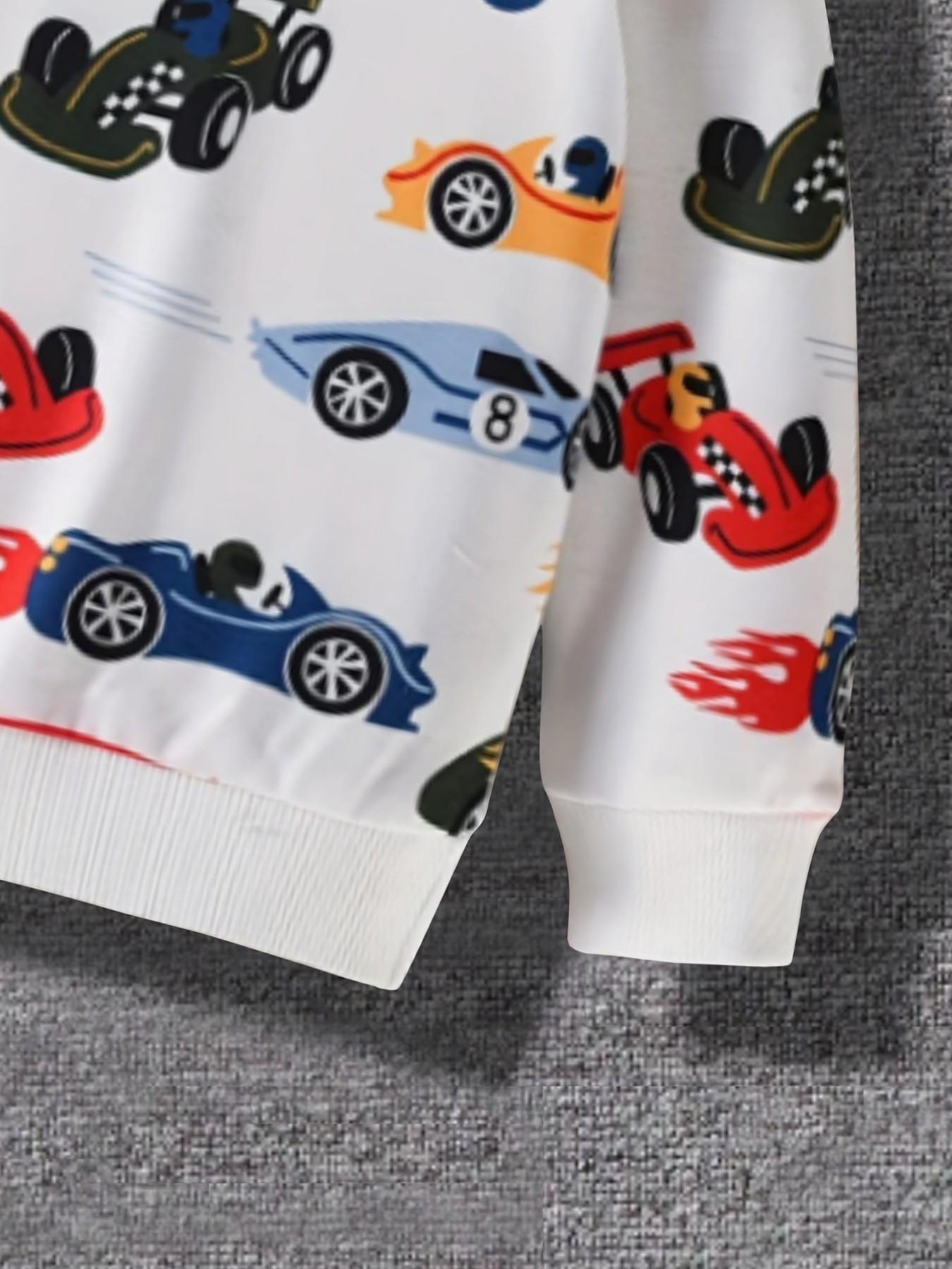 Boys' Round Neck Sporty Sweatshirt T-Shirt, Casual Spring Fall Design, Car Pattern Print, Perfect for Daily Wear, Kids Fashion Apparel