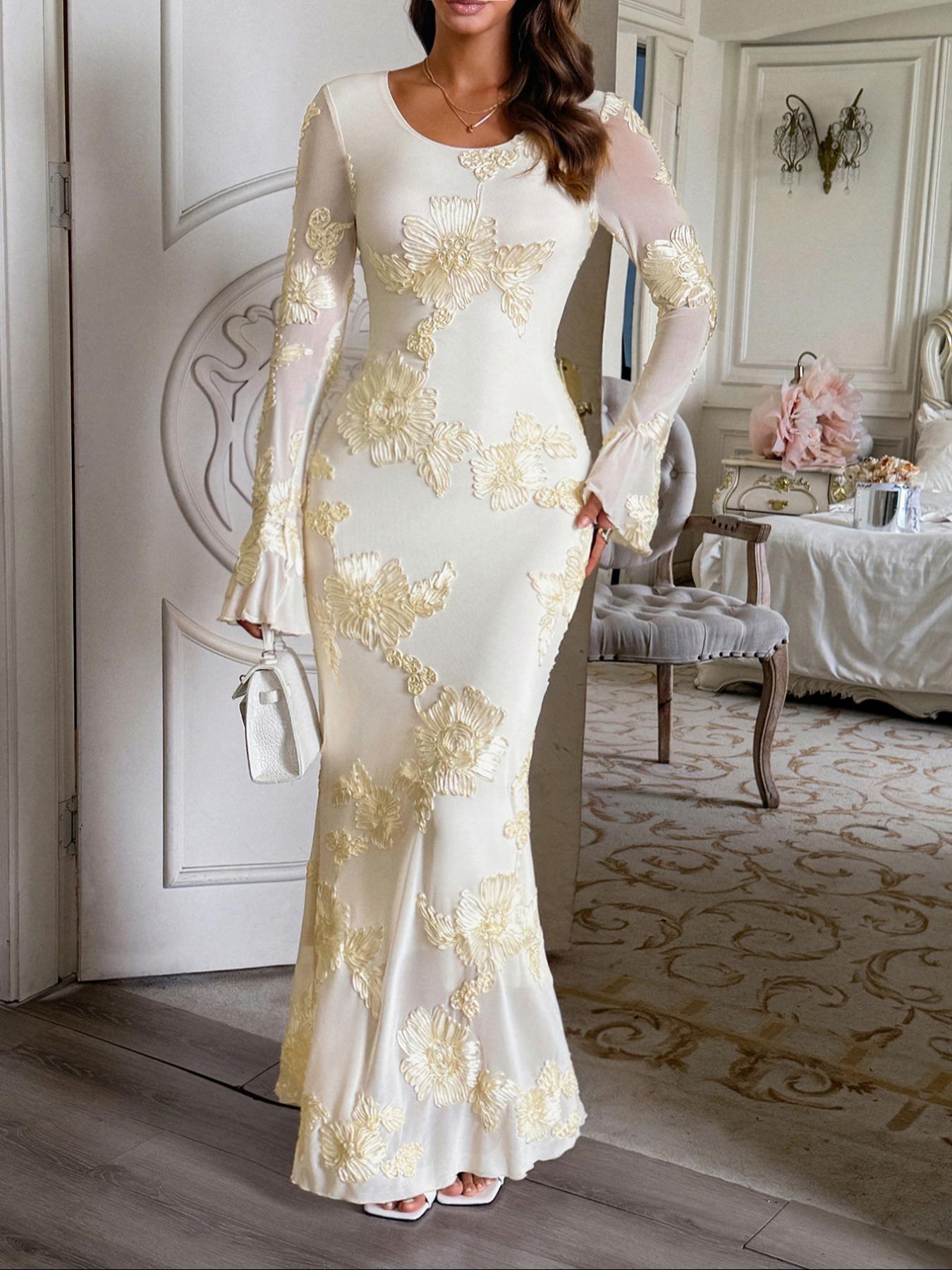 Elegant Floral Pattern Long Sleeve Slim Fit Bodycon Dress, Elegant Romantic Dress, Casual Fall Fashion, Women's Long Sleeve Dress, Stylish and Comfortable