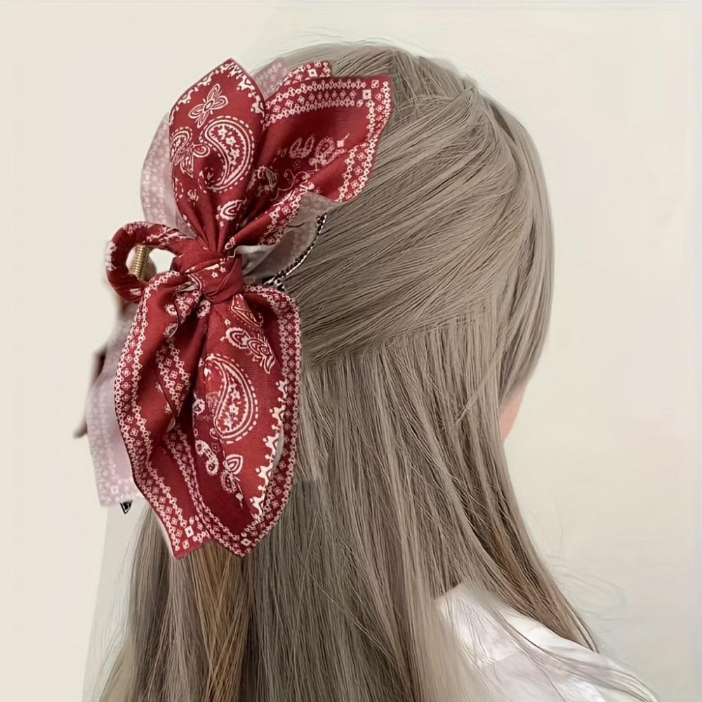 Women's Oversized Bow Hair Claw Clip For Women, Paisley And Leopard Printed Fabric Bow, Strong‑Grip Non‑Slip Hair Accessory For Thick Hair, Lightweight Durable Design For Half‑Up Styles, Daily Office Party And Travel Occasions