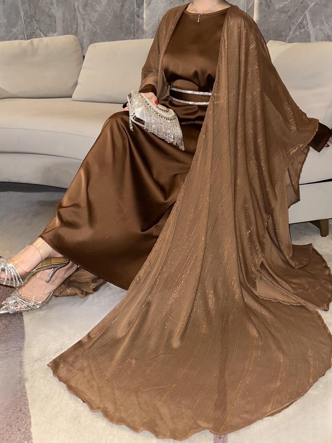 Elegant Fashion Luxury Gold Thread Shawl Dress Set, Round Neck Sparkle Waist Belt Abaya Suit, Three-Piece Stylish, Round Neck Abayas, Belted Abaya