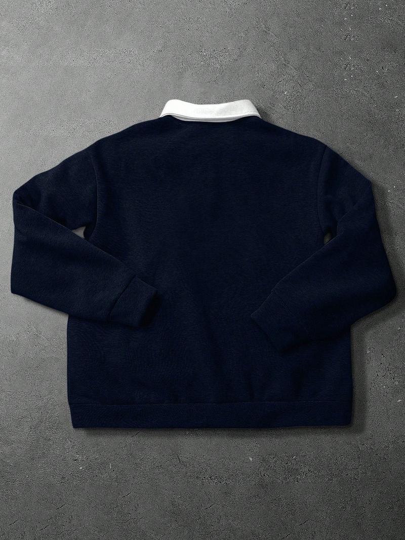 Men's Loose Fit Colorblock Collar Long Sleeve Polo Shirt, Casual Street Style, Fashionable Outdoor Sports Wear, All Seasons Men's Loose Fit Colorblock Collar Long Sleeve Polo Shirt, Casual Street Style, Fashionable Outdoor Sports Wear, All Seasons