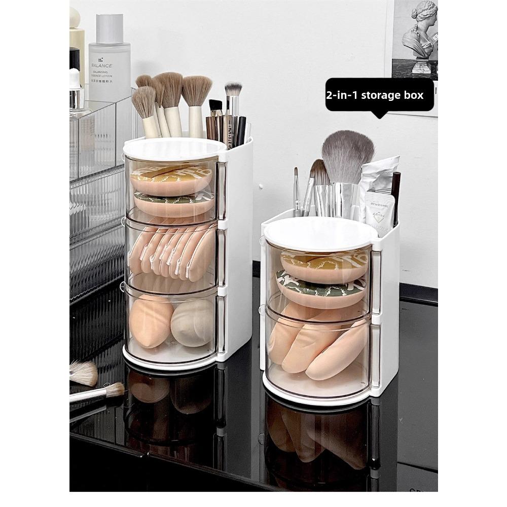 Powder puff storage box, rotating dust-proof beauty egg cushion stand, dressing table, multi-layer makeup brush rack, rotatable makeup box cushion stand, multi-layer makeup brush rack