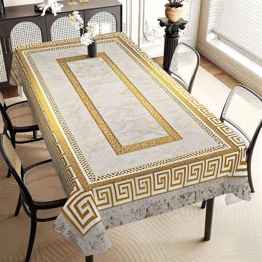 1PC square tablecloth, light luxury and minimalist geometric border pattern, paired with beige and gold, suitable for decoration in homes, restaurants, outdoor picnics and other occasions - Asian style dining table decoration, exquisite pattern design