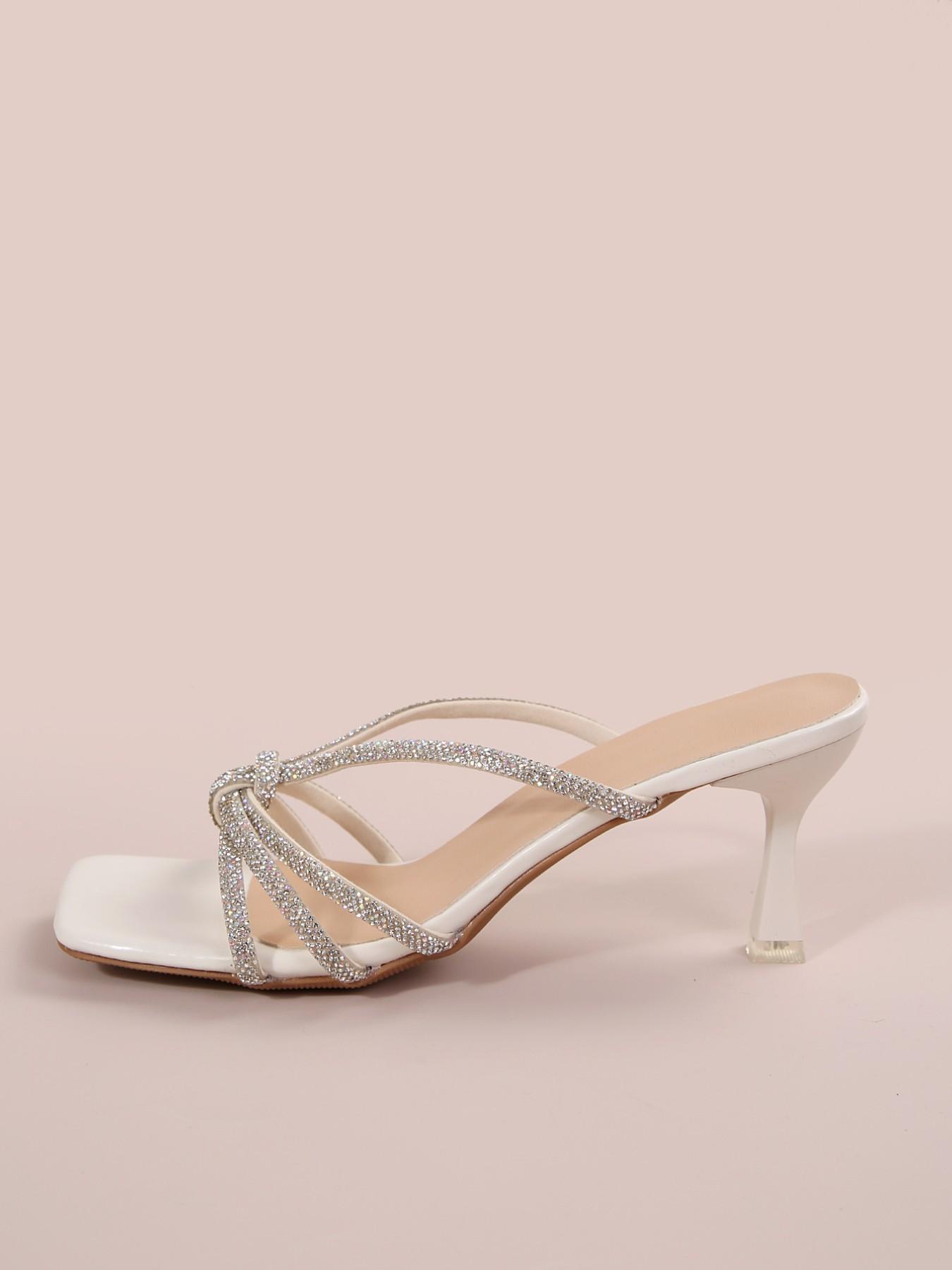 French Style Rhinestone Decor Women's Dressy Embellished Sparkly Sandals, Elegant Square Toe Party Shoes, PU Upper PVC Sole, Medium Width, Perfect for Dates and Events