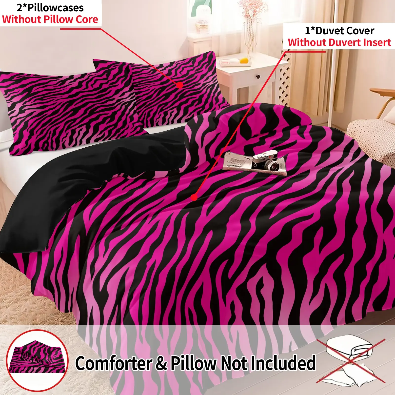 Bold Hot Pink Zebra Print Duvet Cover Set, 1 Duvet Cover & 2 Pillowcase, No Filling, Black Zebra Stripes Design Bedding Set, Soft Breathable, Perfect for Adults Teens Girls, Y2K Style Bedroom Decor
