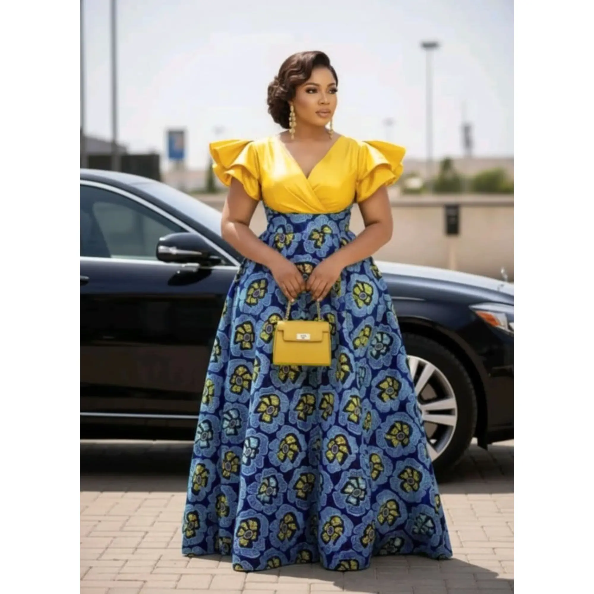 Plus Size African Print Maxi Dress V Neck Ruffle Short Sleeve Contrast Patchwork Formal Evening Long Dress