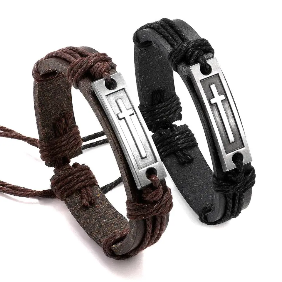 Kirykle Brown Black Cross Leather Bracelet with Leather Strap - Adjustable Size, Chic Look, All-Year-Round Everyday Wear for Men - Christian Religious Vintage Jewelry Gift