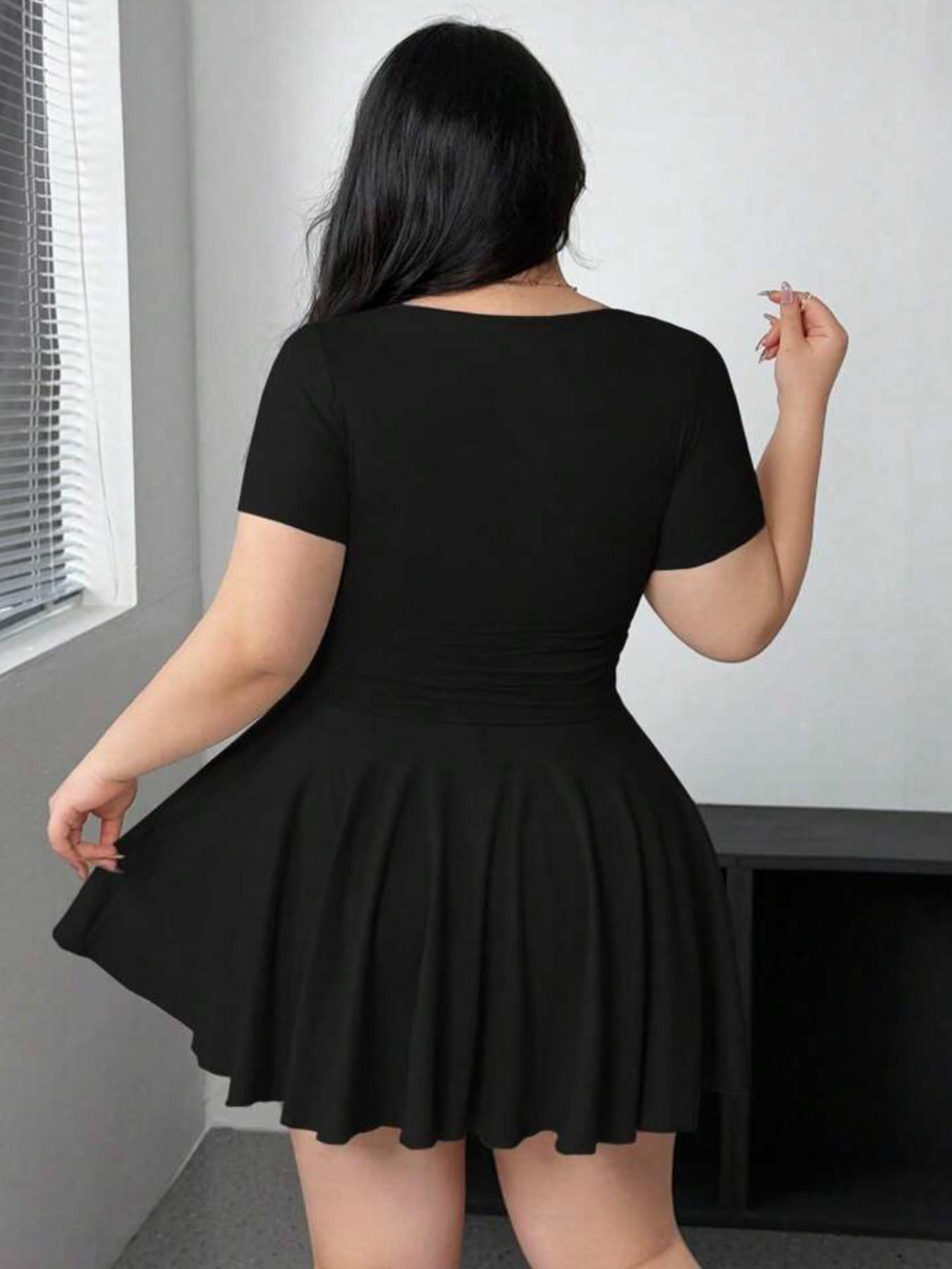 Plus-Size Womenswear Black Short Sleeve U-Neck Flared Mini Dress, Casual Style, Casual Wear, Feminine, Stretchy Slim-Fit Fabric & Button Front Detail, For Curvy Women, Perfect for Date Night, Brunch & Party Looks, TikTok Viral Fashion Plus-Size Womenswear Black Short Sleeve U-Neck Flared Mini Dress, Casual Style, Casual Wear, Feminine, Stretchy Slim-Fit Fabric & Button Front Detail, For Curvy Women, Perfect for Date Night, Brunch & Party Looks, TikTok Viral Fashion