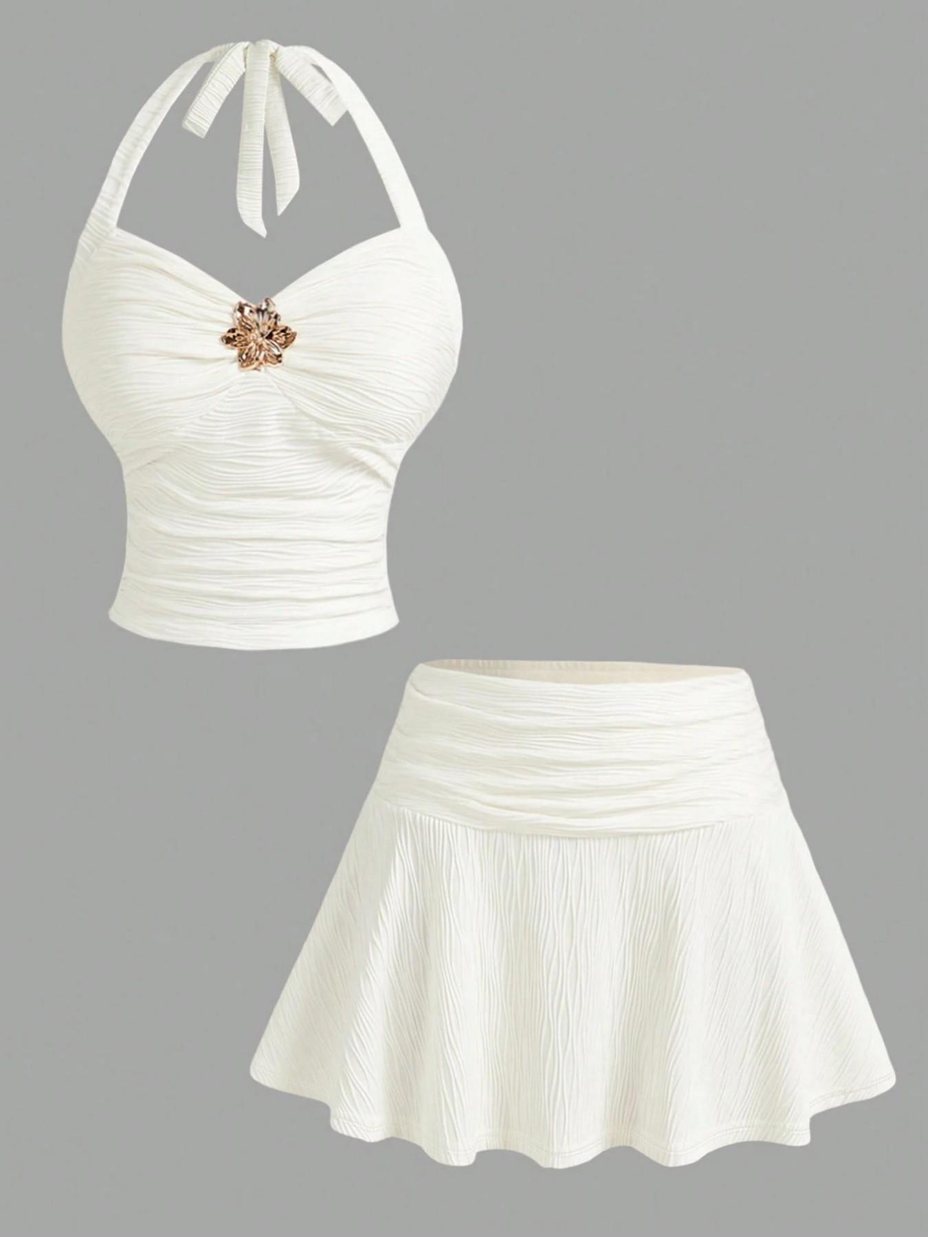 Women's Spring Summer Fashion Comfort Elegant Sexy Floral Decorated Halter Top and Wave Pattern Skirt Set