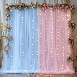 10x10ft Baby Pink Blue Tulle Backdrop with Lights String for Parites, Sheer Photo Backdrop Drapes with Lights for Wedding Backdrop Reception Bridal Shower Baby Shower Birthday
