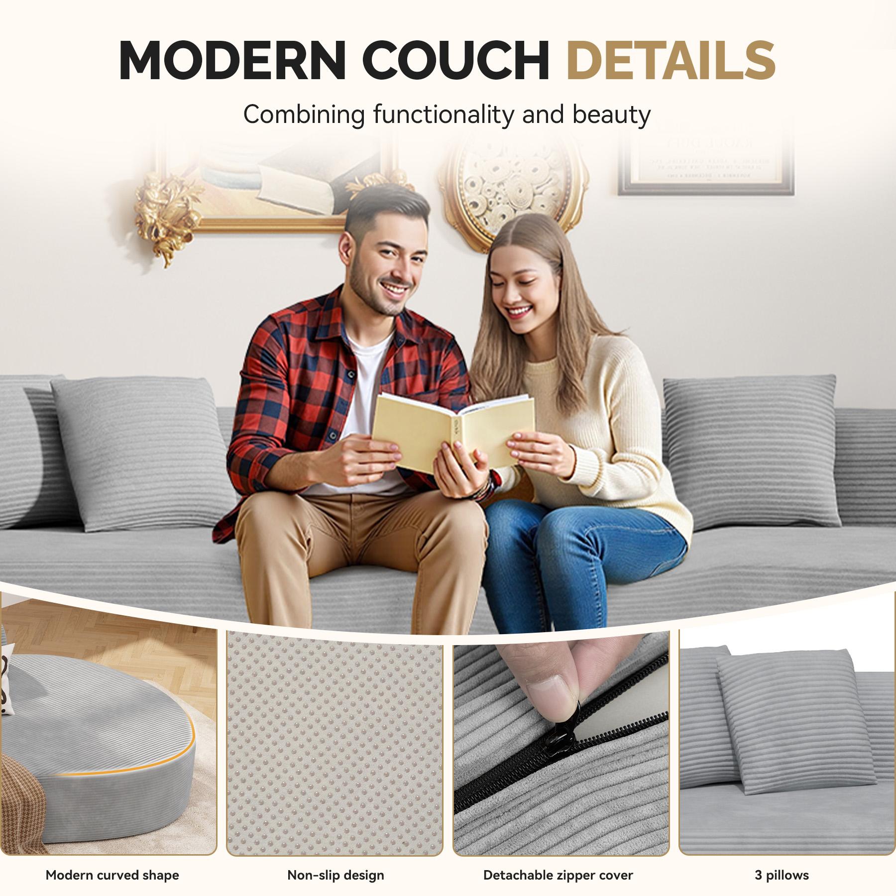 【Shipped in Two Packages】Modern Style Curved Sofa, Upholstery Corduroy Sofa Couch with 3 Pillows, Oversized Sleek Curved Sectional Boucle Fabric Couch for Living Room White