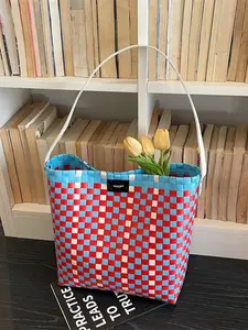 Unique Design Colorblock Woven Handbag Basket Bag, Chessboard Pattern Large Capacity Shoulder Bag, Stylish and Functional Accessory