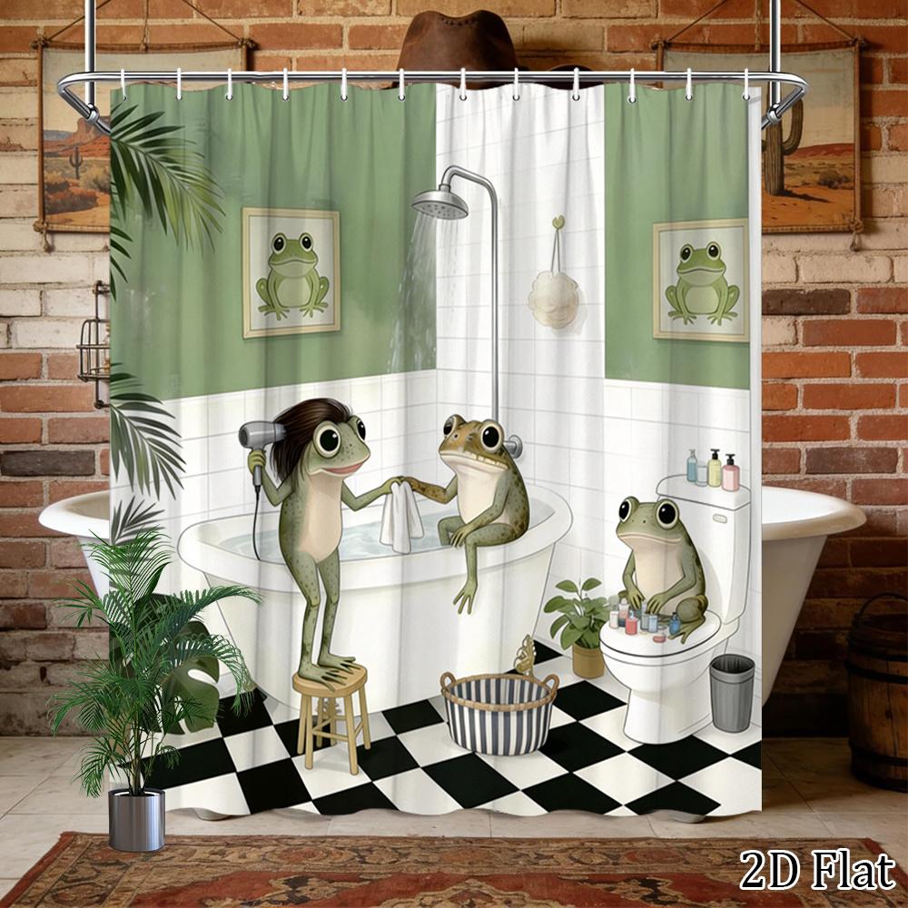 1pc 2D Flat Funny Frog Shower Curtain Bathroom Decor Bath Curtain with 12 plastic Hooks 70.8x70.8 Inch Featuring Cartoon Frogs in Bathtub and Nature Theme Wall Art for Unique Bathroom Style