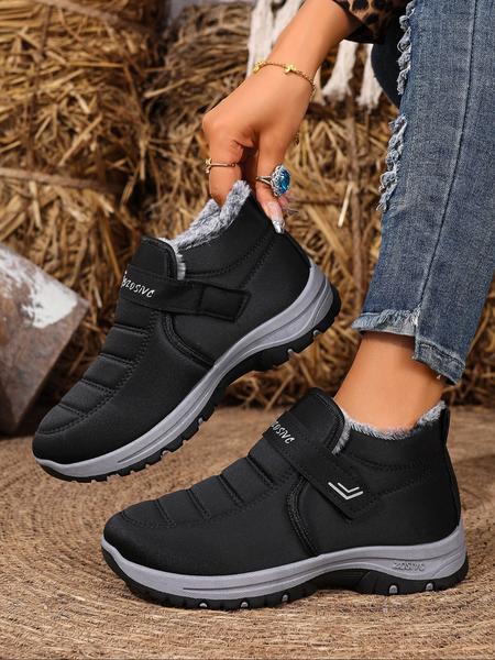 Couple Plush Lined Ankle Boots, Fluffy Snow Boots, Slip-On Soft Sole Anti-Slip Snow Boots, Velcro Easy Open Warm Winter Flat Shoes, Travel Outdoor Activities