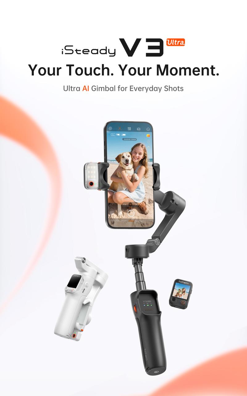 hohem iSteady V3 Ultra NEW Gimbal,Detachable Touchscreen Remote,Advanced AI Tracking with any App,360° Infinite Pan Tracking,Select People&Obeject on Touchscreen to Track,3-Color Fill Light,3-Axis Stabilization