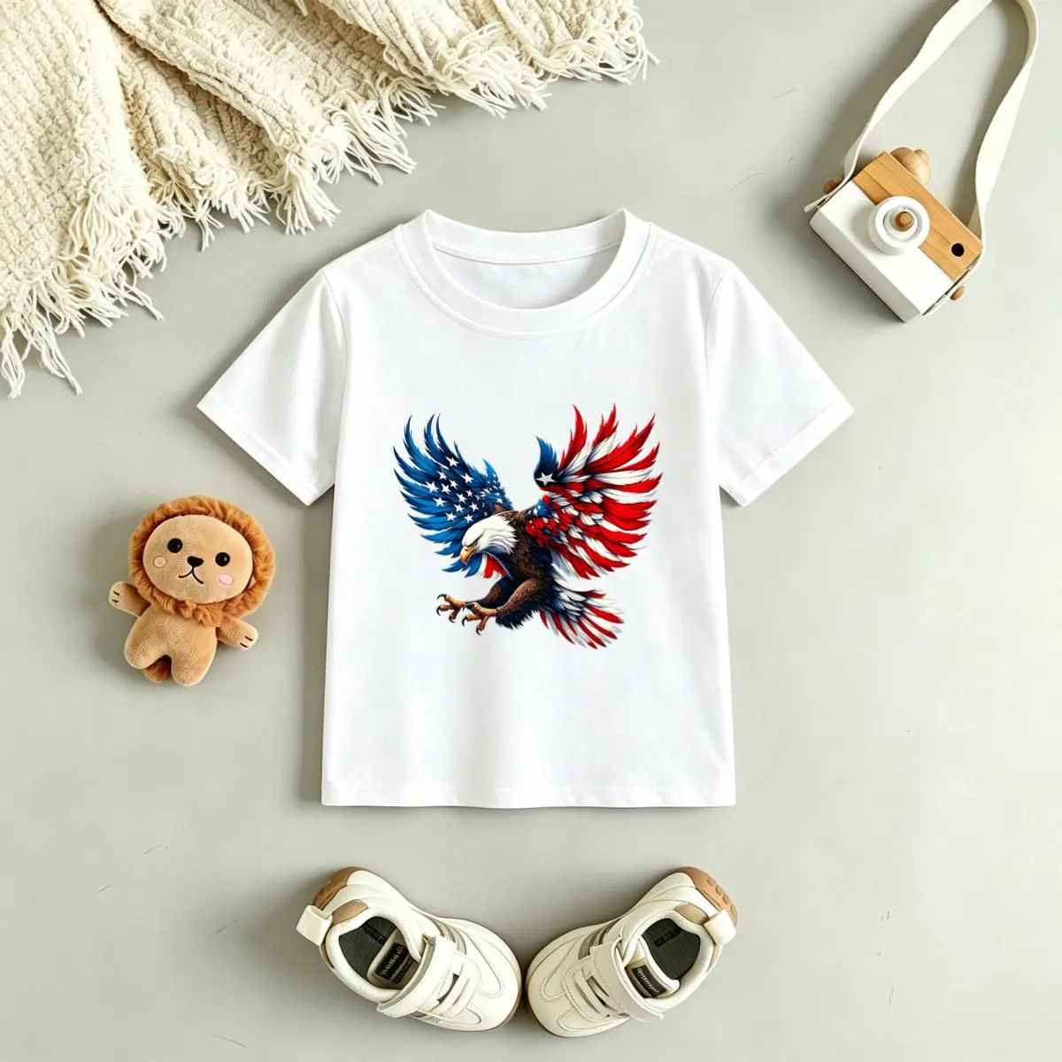 Cotton Patriotic Eagle Print Toddler Boy's July 4th Crewneck T-Shirt, Basic, Breathable