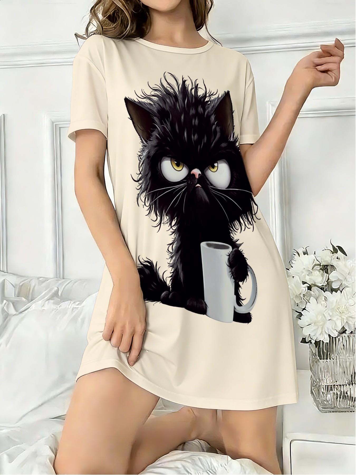 3-Pack Women's Nightdresses, Round Neck Short Sleeve, All-Season Comfortable Breathable, Casual Home Wear Loungewear, Large Cartoon Print, Nightwear, Summer Sleepwear