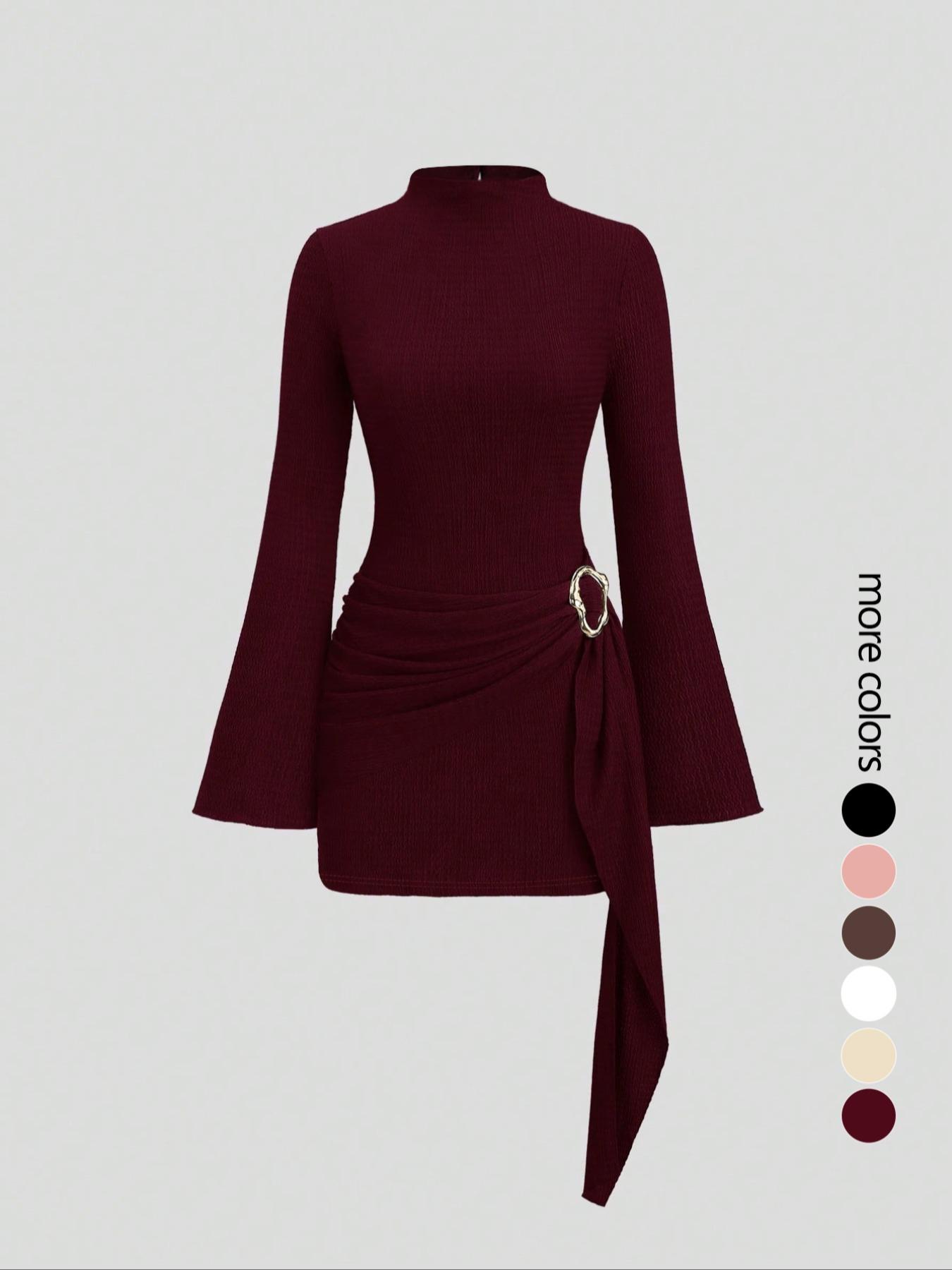 Women's stand-up collar, fitted waist, minimalist Elegant flared sleeves, metal buckle Solid slim-fit midi dress, perfect for parties.