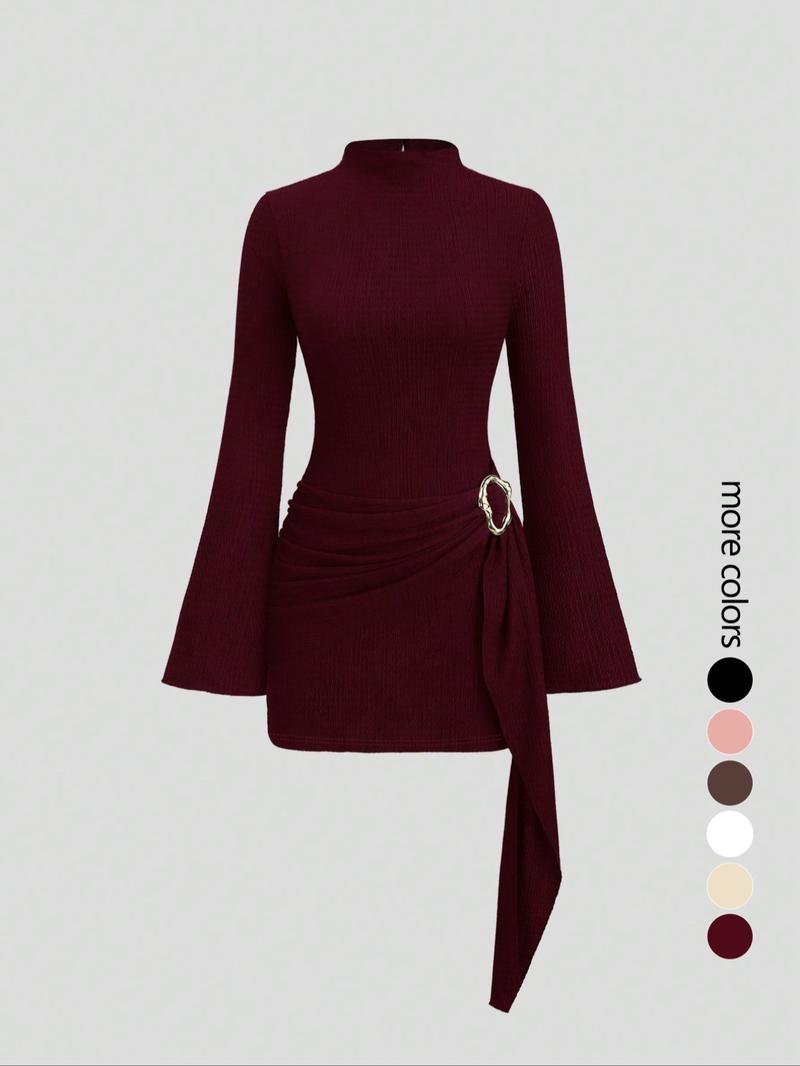 Women's Stand Collar Cinched Waist Minimalist Flare Sleeve Bodycon Midi Dress