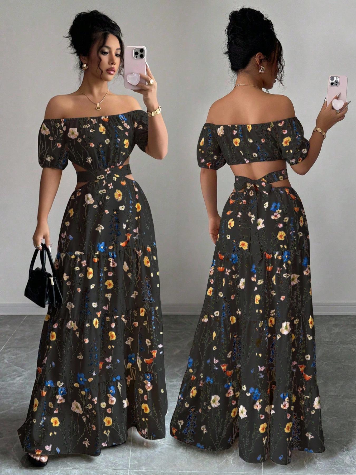 Women's Floral Print Off-Shoulder Maxi Dress, Bubble Sleeves & Waist Slit Design, Perfect Summer for Vacation Parties, Bohemian Style, Boho, Casual Wear Tie Front Comfortable Fit Blazer Midi Skirt Breathable Women's Floral Print Off-Shoulder Maxi Dress, Bubble Sleeves & Waist Slit Design, Perfect Summer for Vacation Parties, Bohemian Style, Boho, Casual Wear Tie Front Comfortable Fit Blazer Midi Skirt Breathable