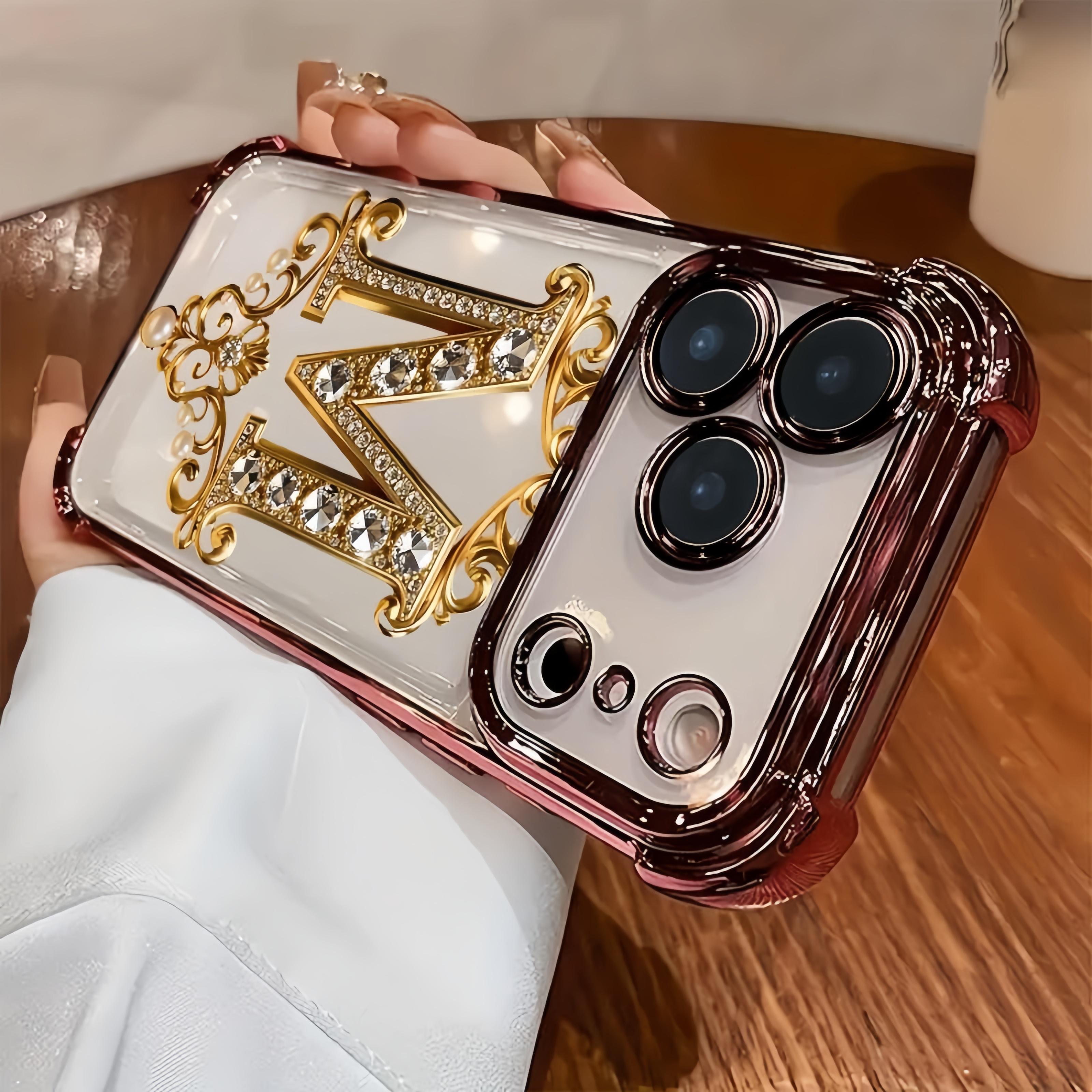 TPU Full-Coverage Lens Protective Cellphone Casing - Luxury Diamond & Gold "M" Design, Shockproof, Non-Slip, Multi-Model for iPhone 17,16,15,14,13,12,11,XS,X Series, Handheld Phone Accessory, Ideal Gift