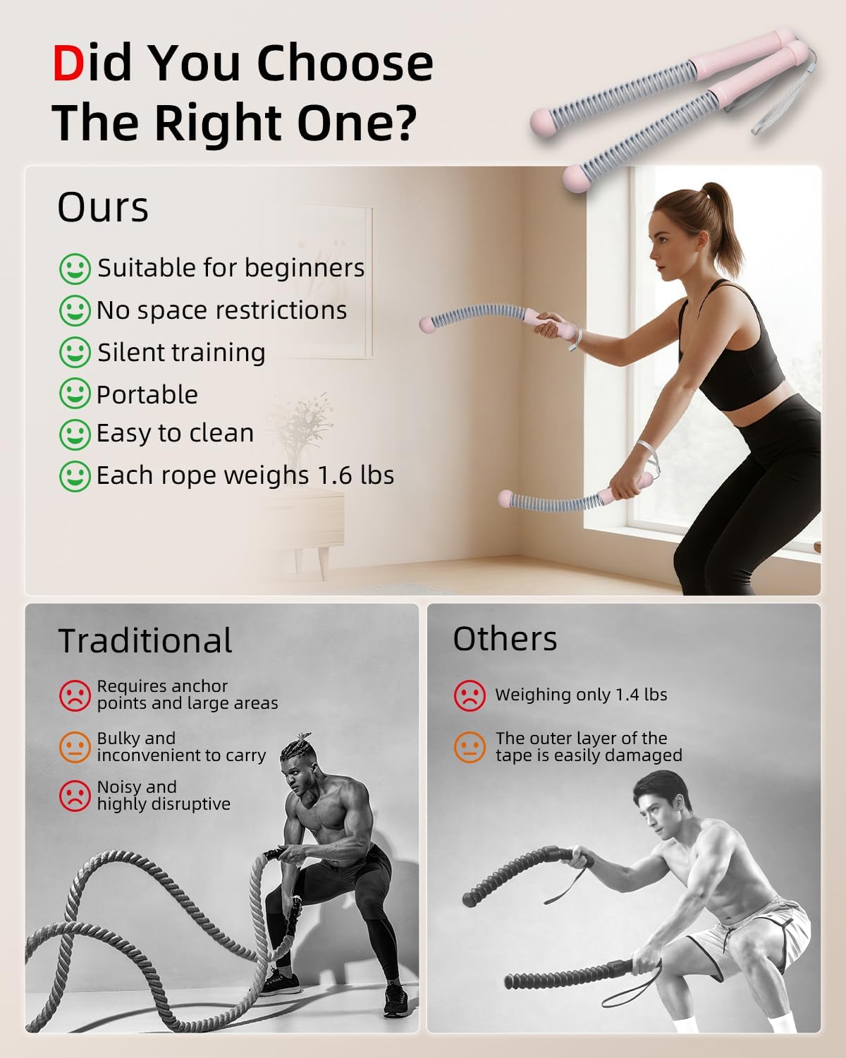 Abahub Portable Ropeless Battle Ropes, Adjustable Weights Cordless Battle Ropes for Home Gym with Storage Bag, Weighted Exercise Equipment for Low-Impact Workout, Strength & HIIT, for Men & Women