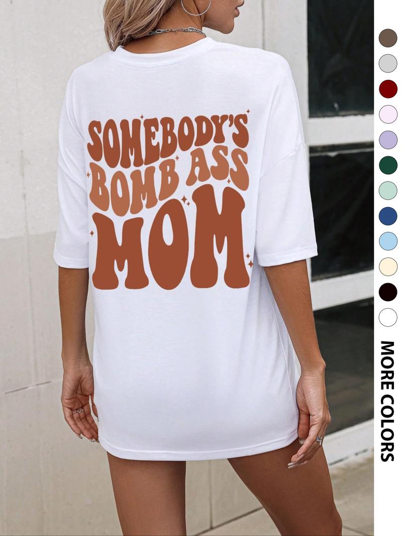 Women's Letter & Cartoon Face Print Drop Shoulder Tee, Casual Half Sleeve Round Neck T-Shirt for Daily Wear, Ladies Clothes for All Seasons