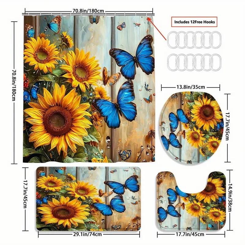 Sunflower Pattern Bathroom Decor Set, 4 Countsset Including Shower Curtain & Toilet U-shape Mat & Bathroom Mat & Toilet Lid Cover, Bathroom Decor Supplies, Bathroom Decoration Accessories
