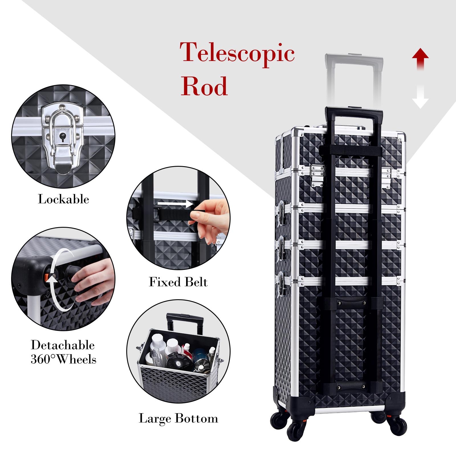 Joligrace 4 in 1 Rolling Makeup Train Case Large Cosmetic Trolley Box with Key Swivel Wheels Salon Barber Case