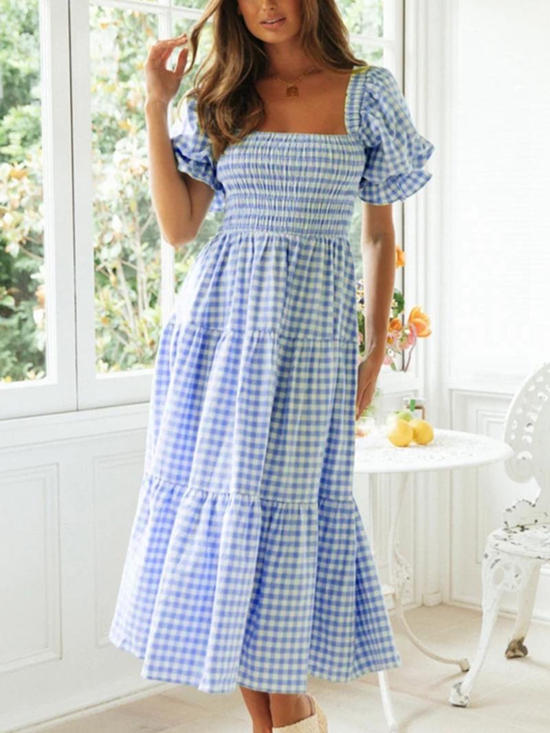 Women's Gingham Print Bubble Sleeve Dress, Casual Short Sleeve Square Neck A Line Dress for Summer, Women's Clothing for Daily Wear