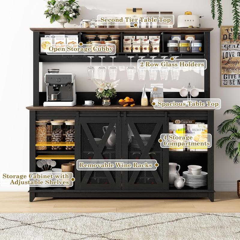 63"W/47"W/31.5"W Farmhouse Coffee Bar Cabinet with LED Light,Wine Bar Cabinet w/ Tier Storage Hutch,Kitchen Buffet Cabinet w/Sliding Barn Door & Wine and Glass Racks for Kitchen Dining Room(Brown/Antique White/Dark Rustic Oak)