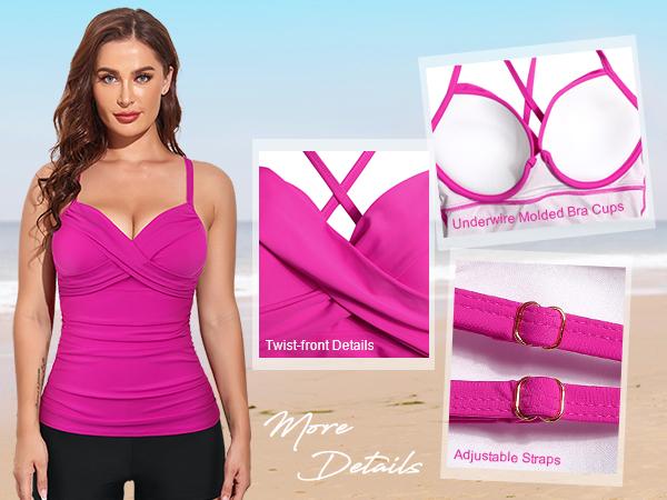 Hilor Women's Underwire Tankini Top Swimwear Twist V Neck Swimsuits for Big Busted Tummy Control Bathing Suits Top Only