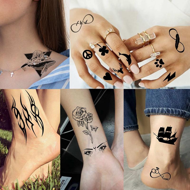 52 Sheets Creative  Black Temporary Tattoos - Assorted Designs of Crowns, Infinity, Triangles, Stars, Letters, Scorpions for Men & Women - Realistic Waterproof Adult Tattoo Stickers for Arm, Hand, Finger, Neck
