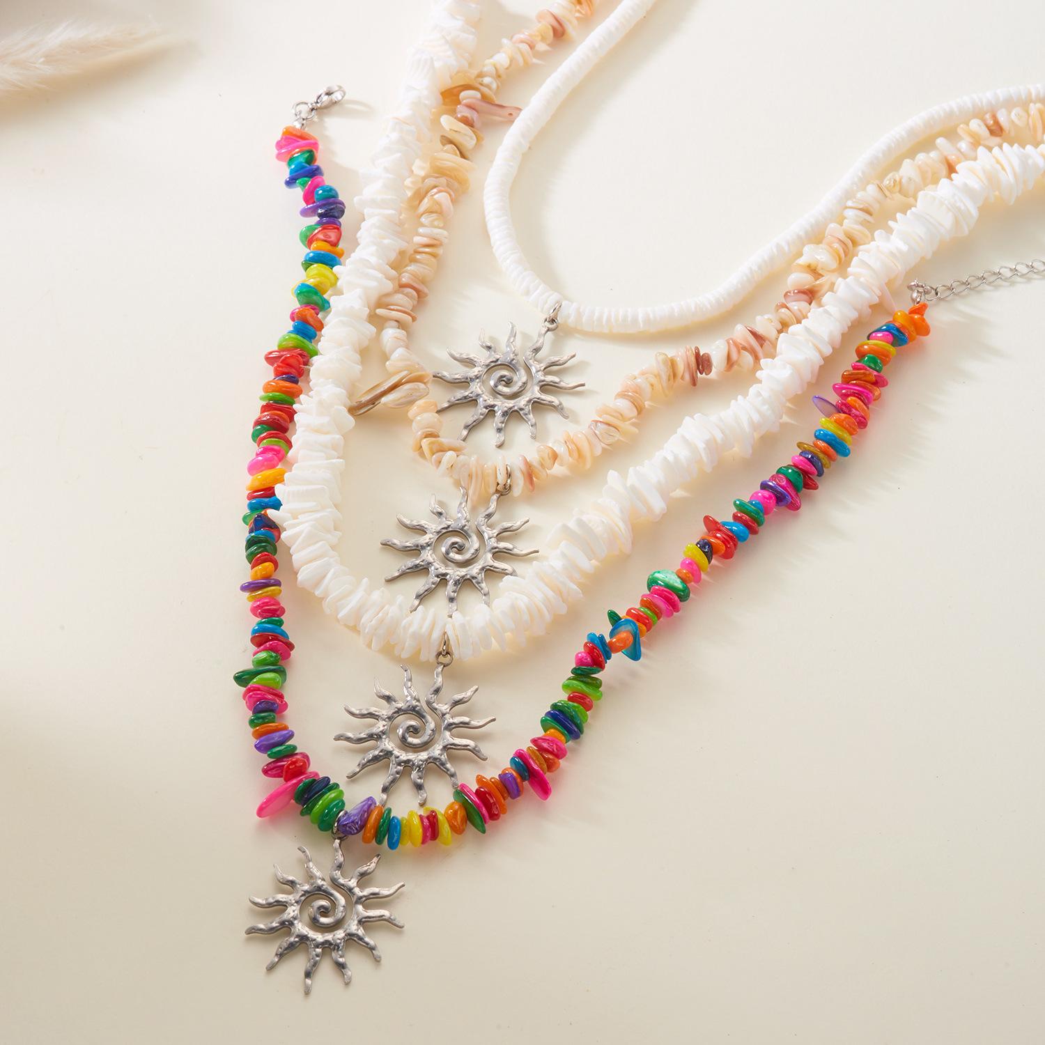 Bohemian Vacation Style Sun Flame Natural Stone Necklace, French Vintage Beaded Pendant Chain, Unique Jewelry Accessory