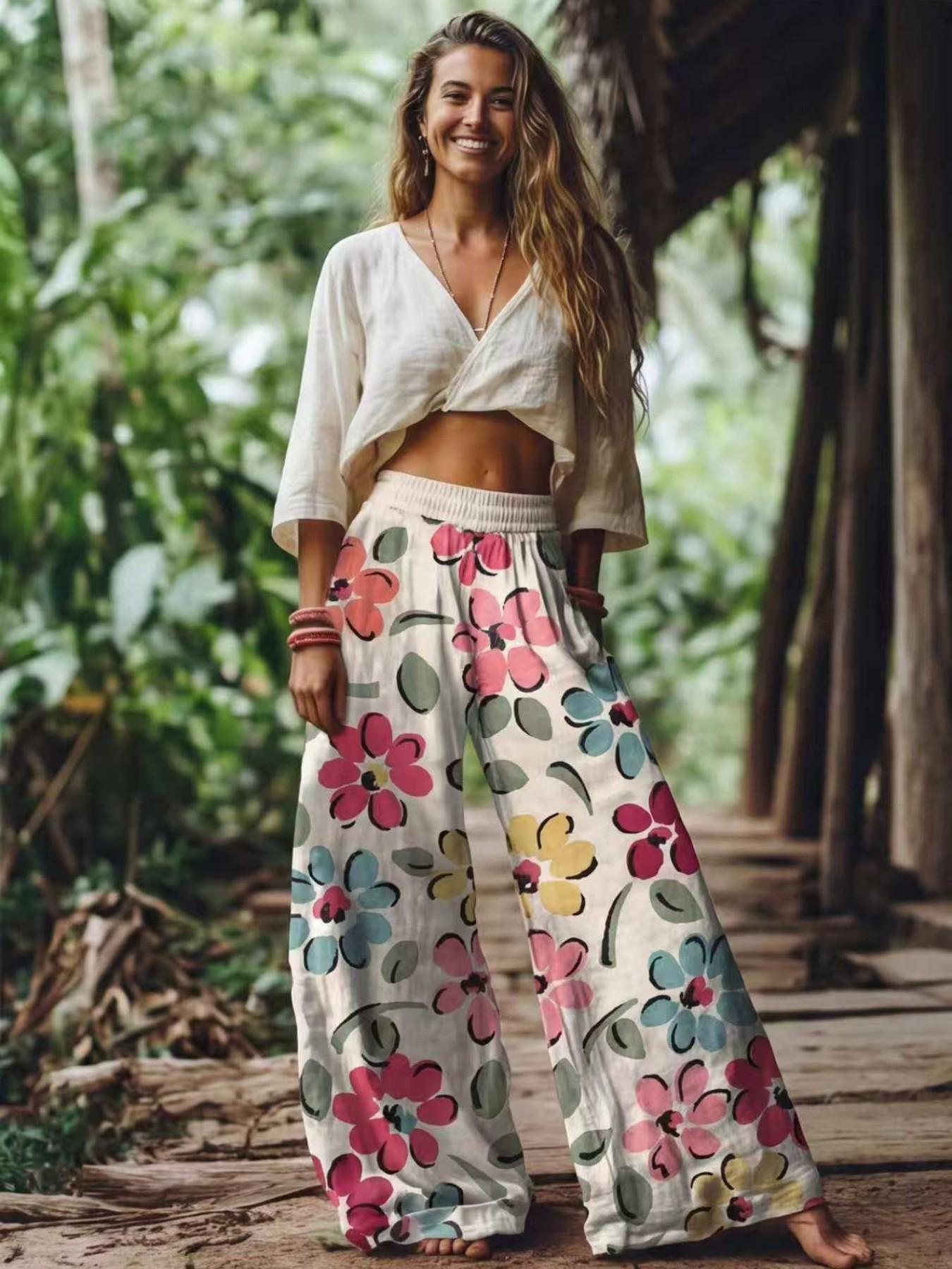 Women's Floral Print Casual Long Pants, Comfortable Breathable Fabric, Ideal for Vacation, Home, Daily Wear, Suitable for Spring Summer Fall Women's Floral Print Casual Long Pants, Comfortable Breathable Fabric, Ideal for Vacation, Home, Daily Wear, Suitable for Spring Summer Fall