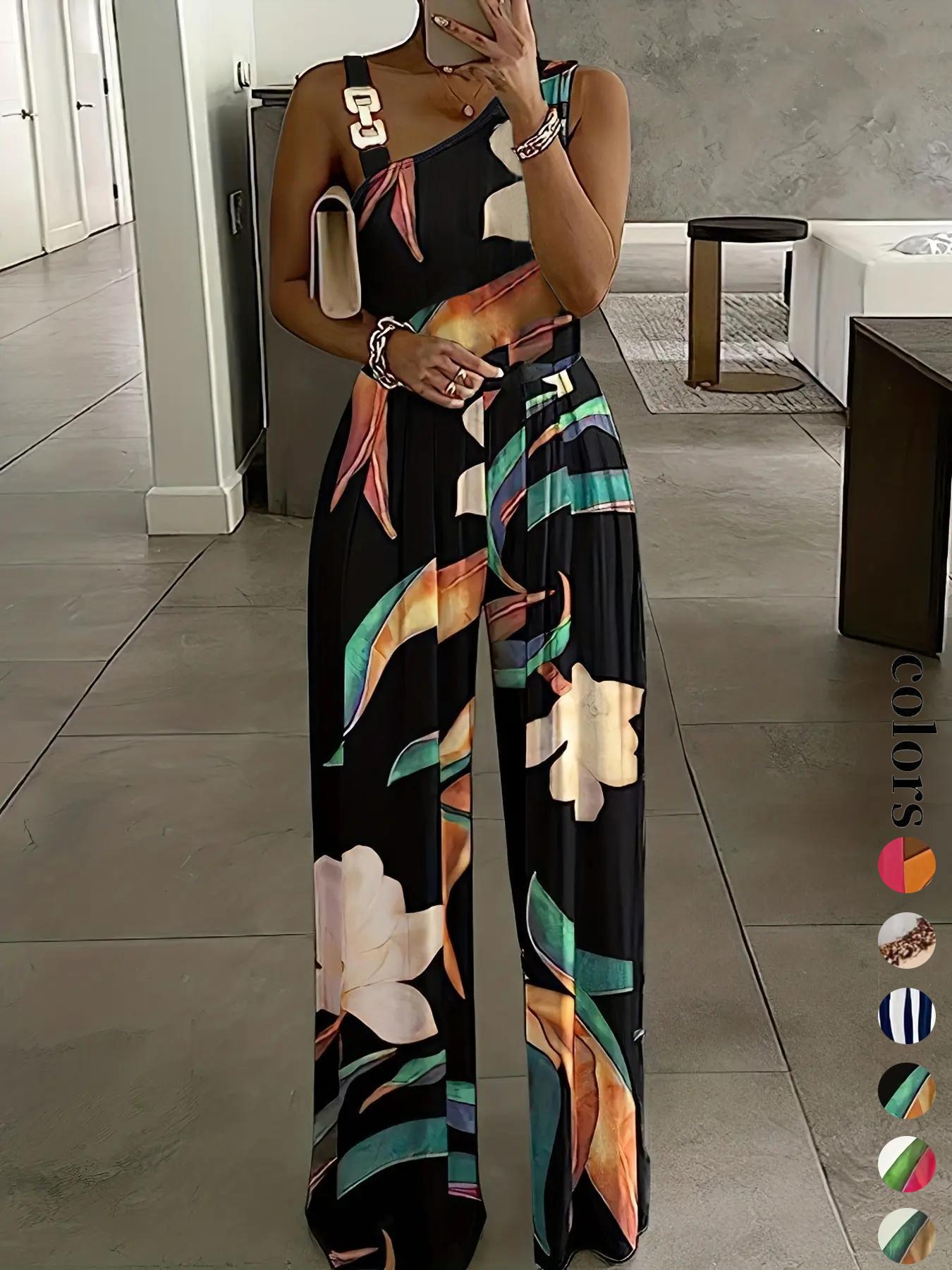 Women's Floral Print Ring-Linked Asymmetrical Neck Jumpsuit, Boho Casual High Waist Wide Leg Jumpsuit for Summer, Womenswear