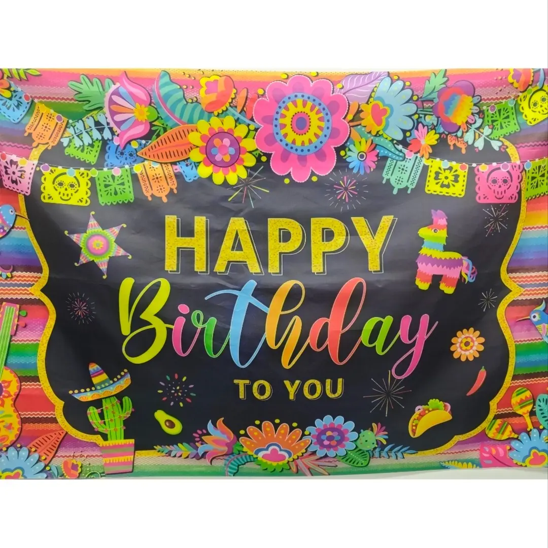 2D Flat 1pc Mexican Fiesta Happy Birthday Backdrop Colorful Flower Pinata Cactus Birthday Banner, Birthday Decor Birthday Decorations Photo Background, Birthday Party Supplies, Match Birthday Balloon for Mexican Theme Party Happy Birthday Sign