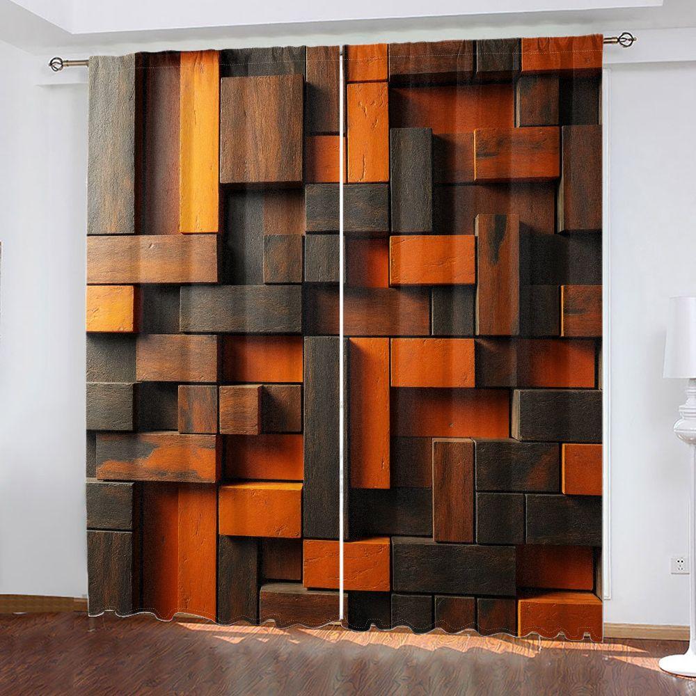 2pcs Window Curtains, Room Decor Curtain, A dynamic, 3D pattern crafted from rectangular blocks in varying shades of dark brown, grey. The textured surface evokes wood or stone, Window Drapes for Bedroom Living Room, Rod Pocket Window Treatment