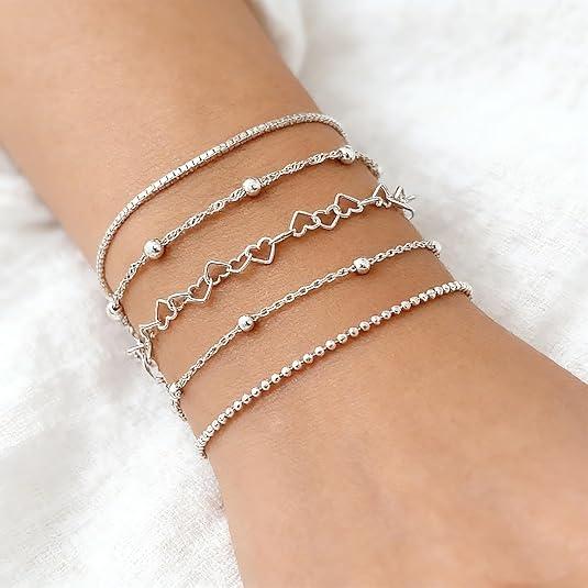 5 Piece Stainless Steel Heart Bead Multi-Layer Bracelet Set, Stackable Bracelets, Unisex Accessory, Perfect for Daily Wear, Work, and Parties