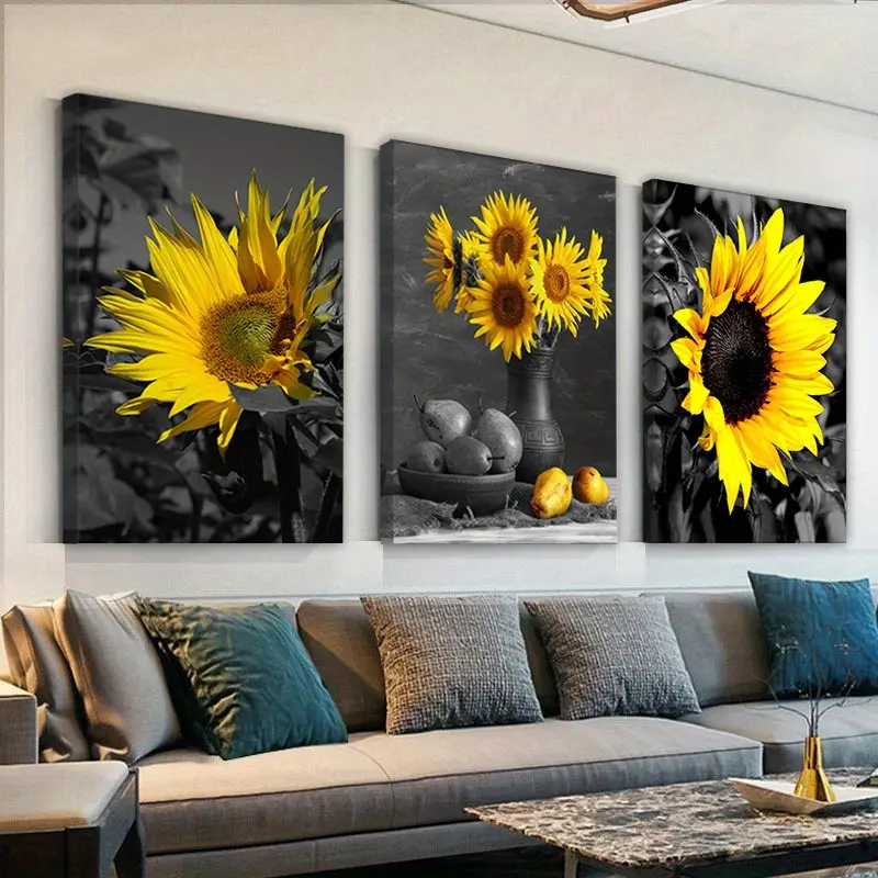 3 Piece Wooden Framed Sunflower Wall Decor, Black and White Canvas, Country Rustic Decorative Paintings, Modern Sunflowers Painting Picture for Bedroom Living-Wrapped Canvas