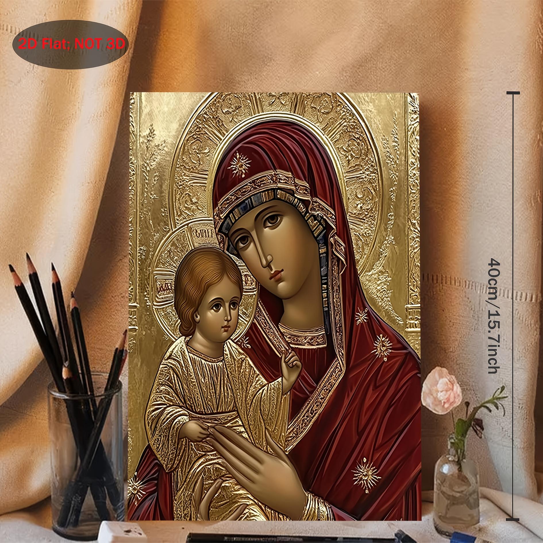 2D flat design, one Byzantine Russian Orthodox image of the Virgin Mary and Infant Christ - traditional Oriental religious art, gold background, red robe, canvas oil painting - wooden frame, home/church decoration - a spiritual gift for Christmas, Easter,
