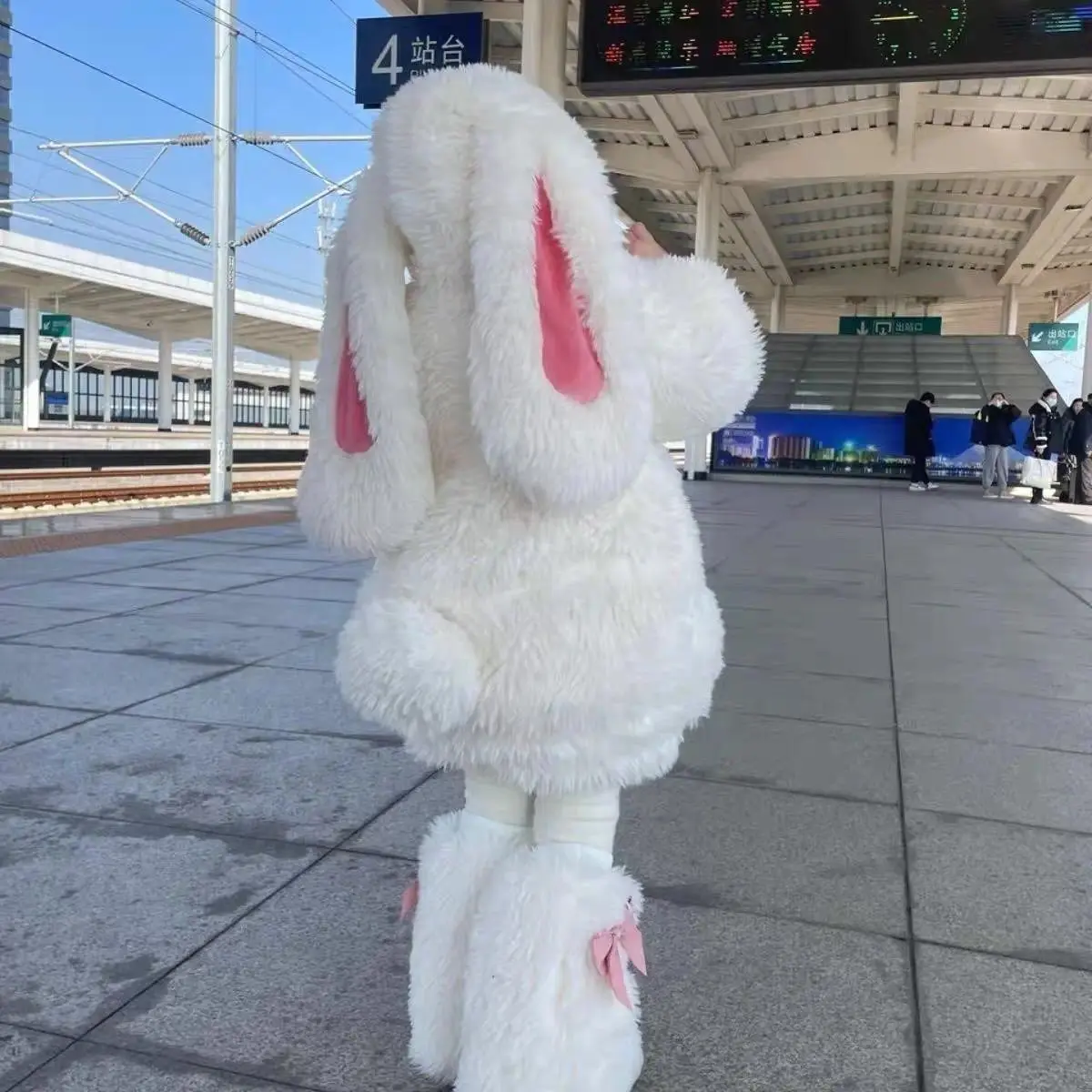 Cartoon Children Plush Rabbit Cosplay Costume Kawaii Kids Girl Winter Warm Sets Top Pants Hat Suit 1-10Y Girl Party Outfits Gift